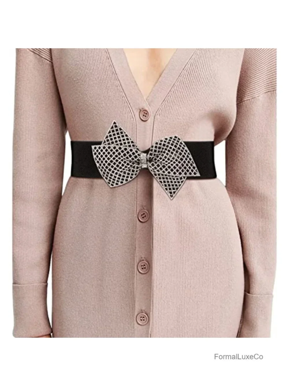 Rhinestone Bow Belt Wide Elastic Stretchy Cinch Waist Belt Women Dress Belt